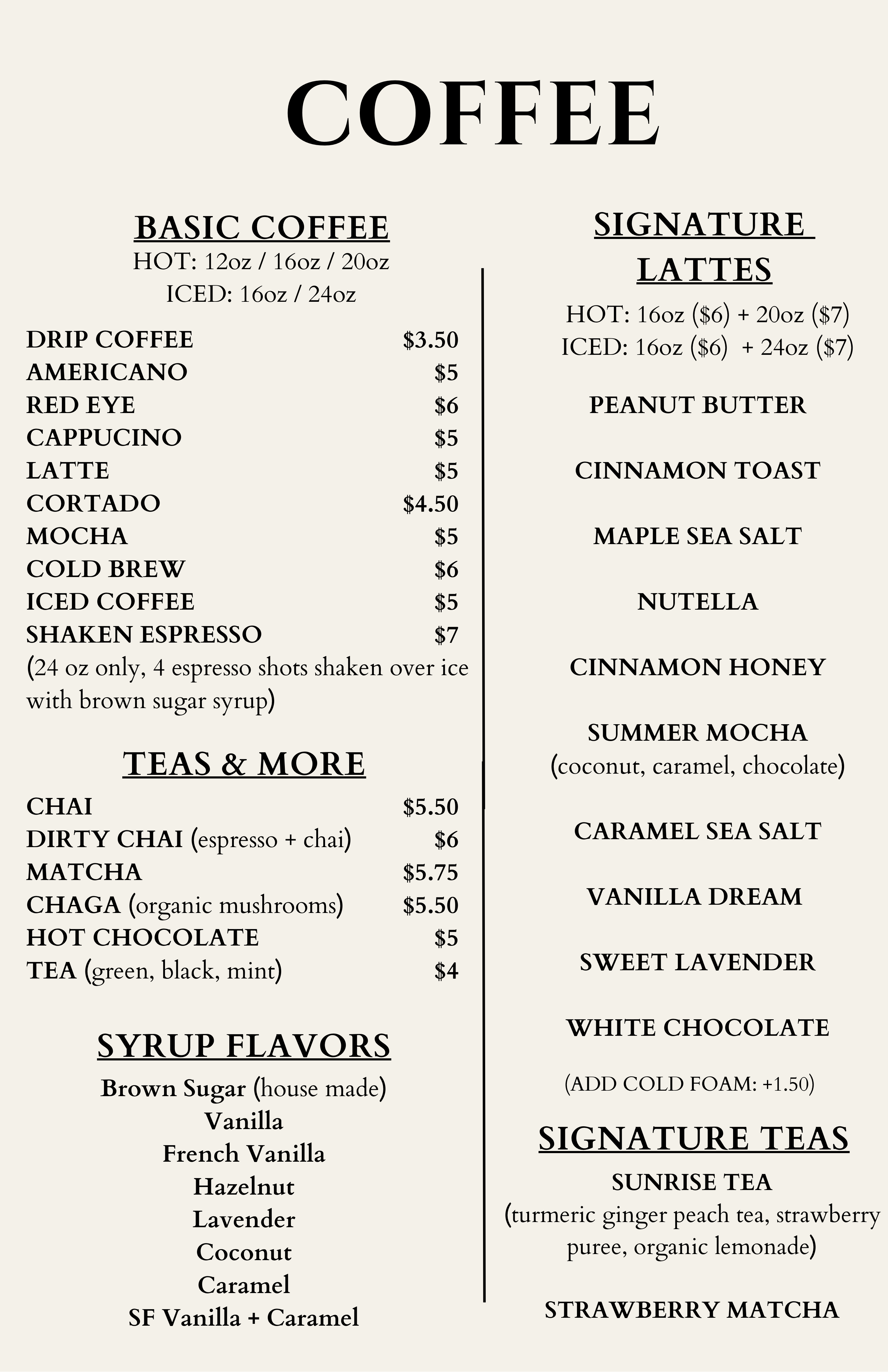 Coffee Menu