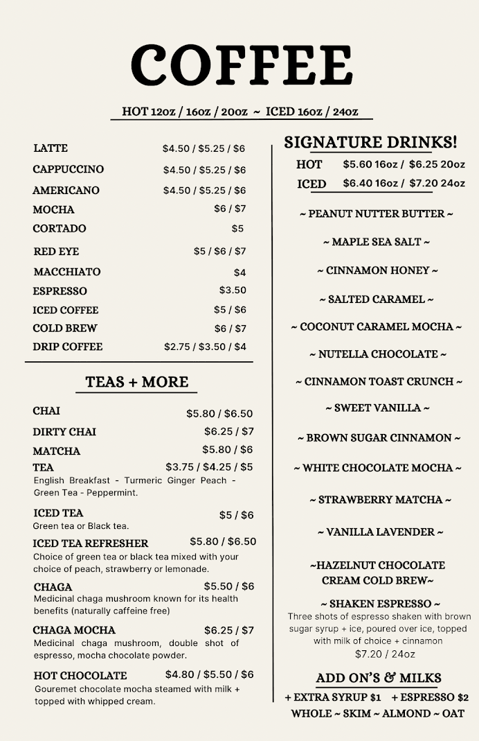 Harbor Coffee House Goshen coffee and drinks menu