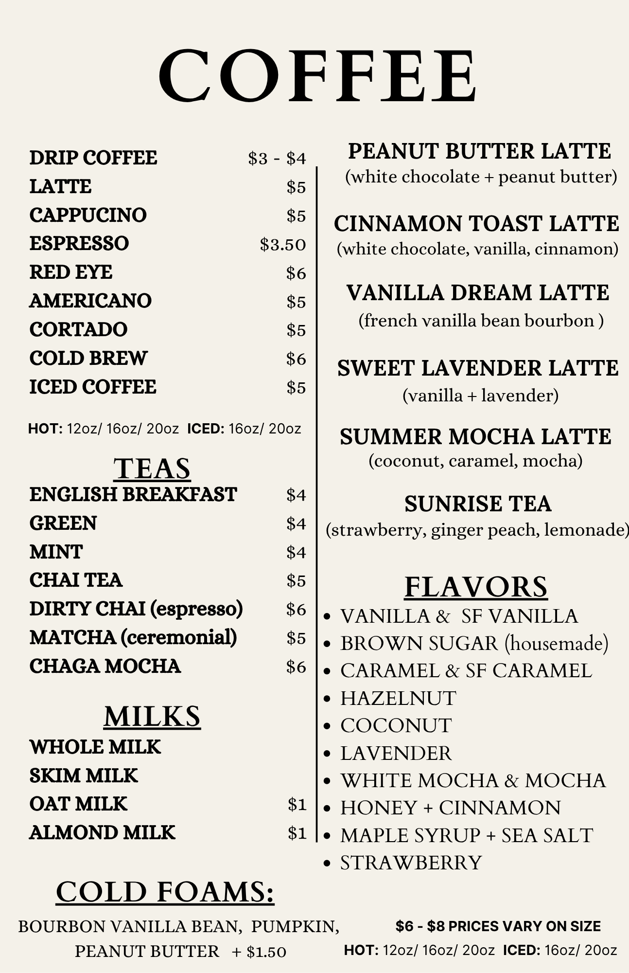 Harbor Coffee House Wildwood coffee and drinks menu